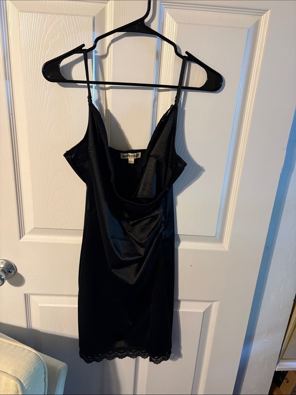 Inspired Hearts Black Satin Cowl Slip Dress with Lace Hem